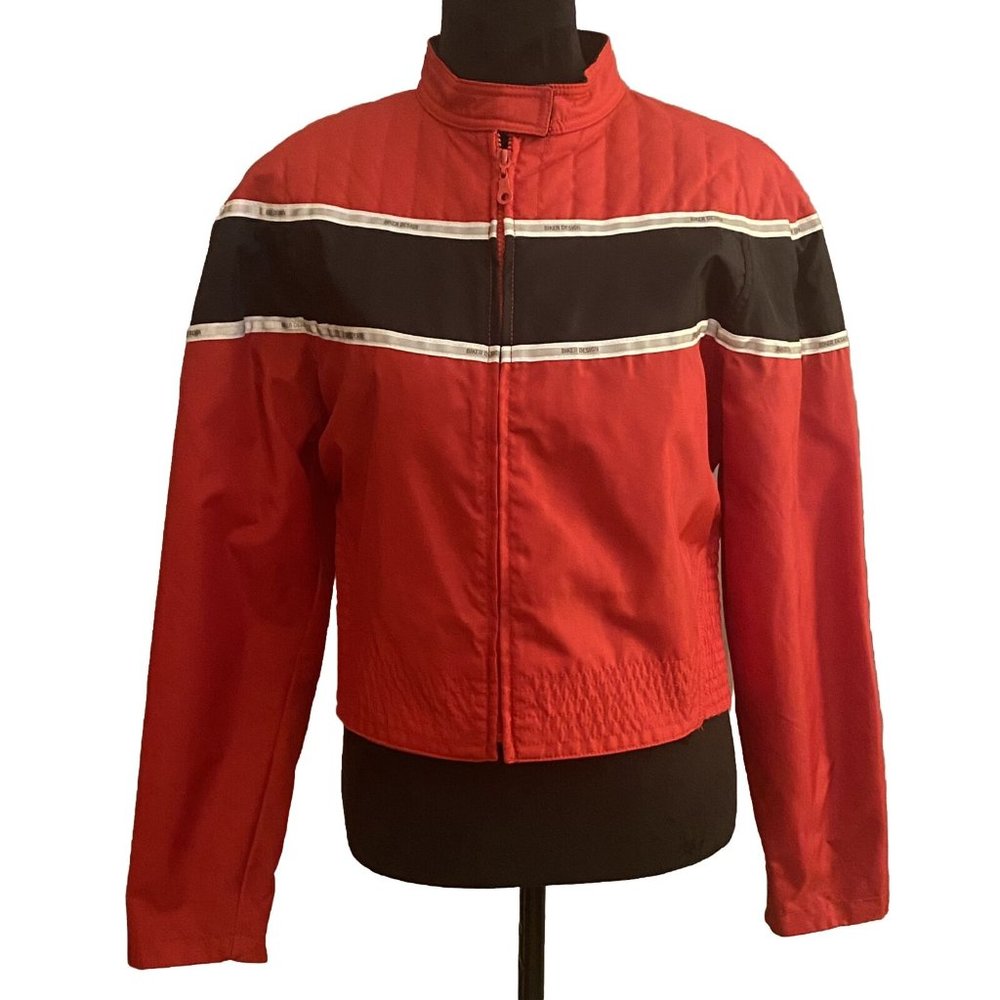 USA Biker Design Womens Motorcycle Moto Cropped Jacket Red Black Stripe Size M